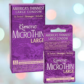 The image displays two packages of Kimono MicroThin Large Size Condoms, featuring a purple design. The text emphasizes that these are "America's Thinnest Large Condom," and they are noted for being "5X Tested," "Stronger," and "Reliable." Enjoy natural sensations with a soft, colorful bokeh light background.